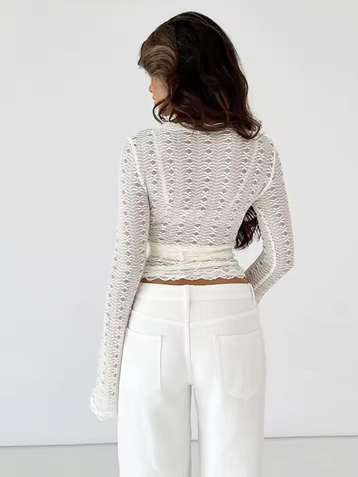 Chic long sleeve lace wrap top in white – feminine evening blouse