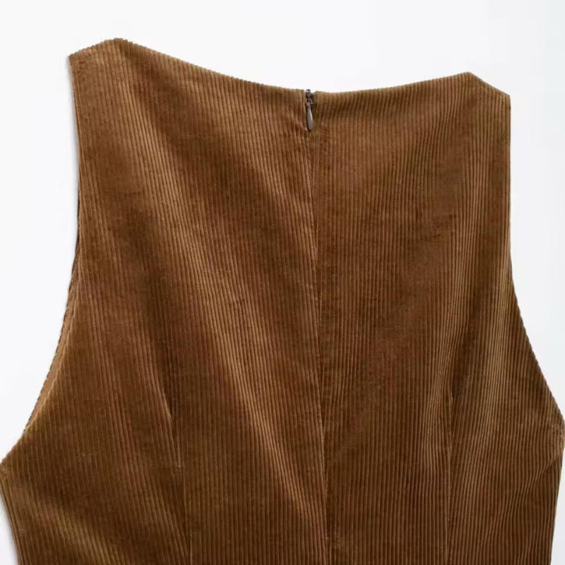 Corduroy fabric close-up – brown women’s mini dress Liora casual chic textured cord dress 2025