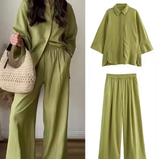 Women's 2-piece beige outfit with wide-leg high-waisted pants and relaxed-fit shirt – soft polyester, non-stretch, perfect for all-season chic.