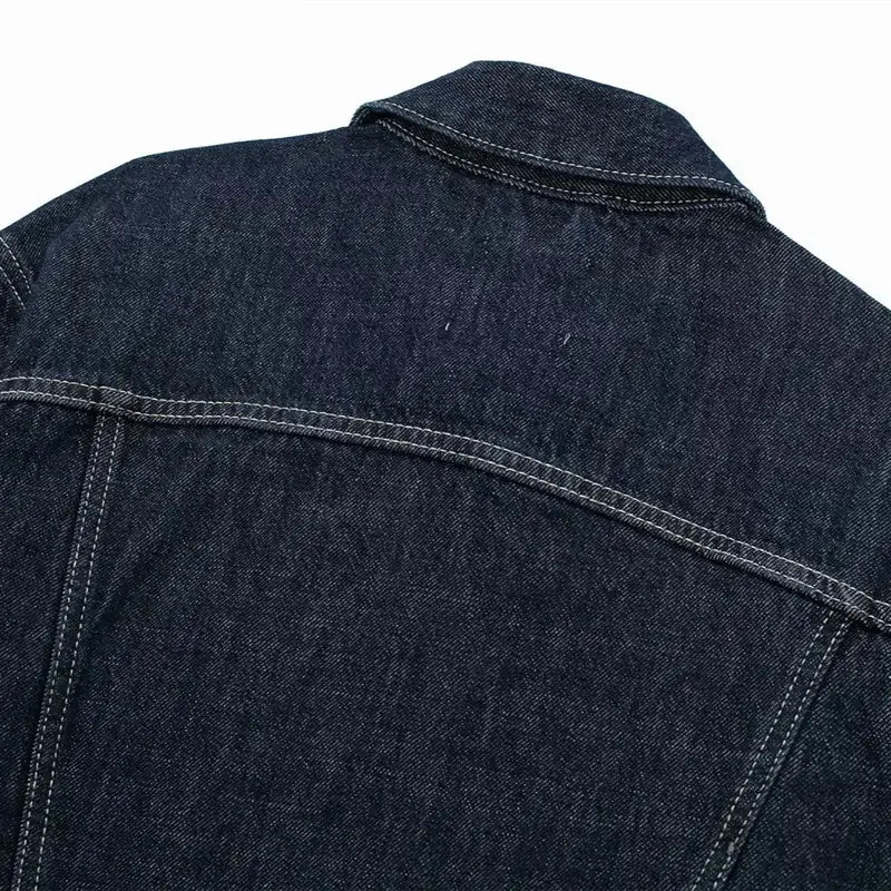 Women’s fashion-forward denim set – dark blue cropped denim jacket with silver buttons, chest pockets & rolled-up cuffs, paired with high-waist wide-leg jeans for a trendy, relaxed street-style look. Premium cotton, perfect for casual, chic & urban outfits.