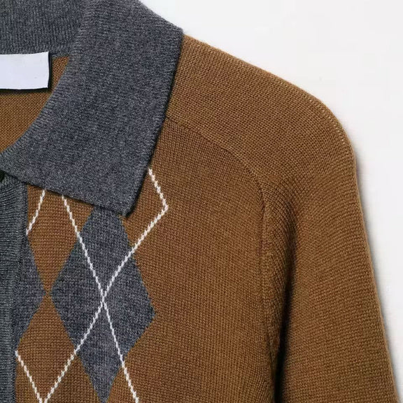 Close-up of argyle knit pattern and polo collar on women’s slim fit sweater – Chic and Charm Autumn Elegance fall winter knitwear