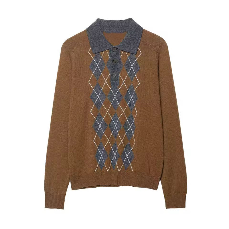 Women’s argyle knit sweater with polo collar in brown and grey – Chic and Charm Autumn Elegance pullover for fall winter fashion
