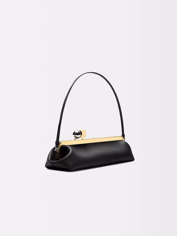 Chic and Charm Classic Baguette Bag Golden Clip – women’s long clutch with detachable strap in black
