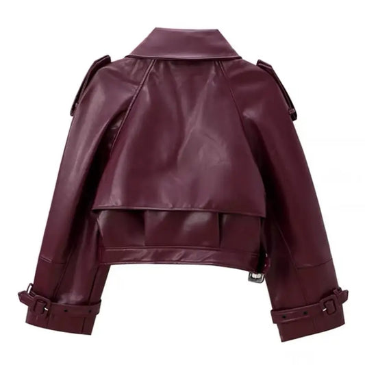 Burgundy PU biker coat for women – sustainable vegan leather jacket
