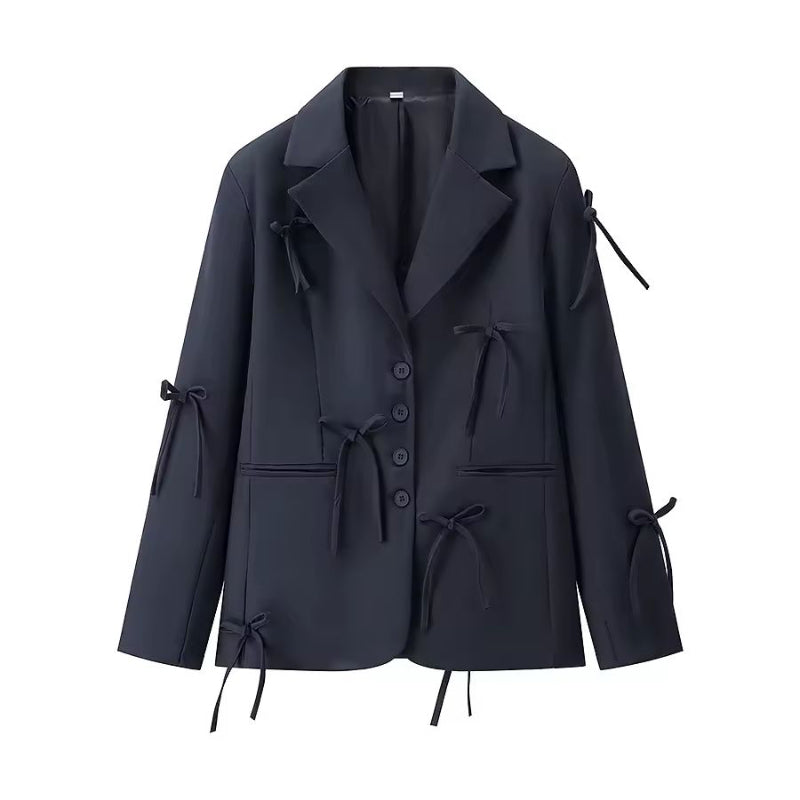 Women’s navy blue blazer with butterfly bow knot details, modern casual business blazer for spring, elegant polyester women blazer front view
