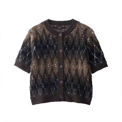 Chic and Charm women’s cardigan Autumn Breeze – short sleeve knit button down in earthy tones
