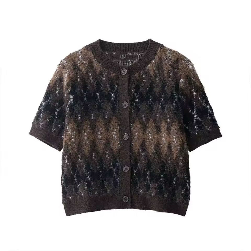 Chic and Charm women’s cardigan Autumn Breeze – short sleeve knit button down in earthy tones
