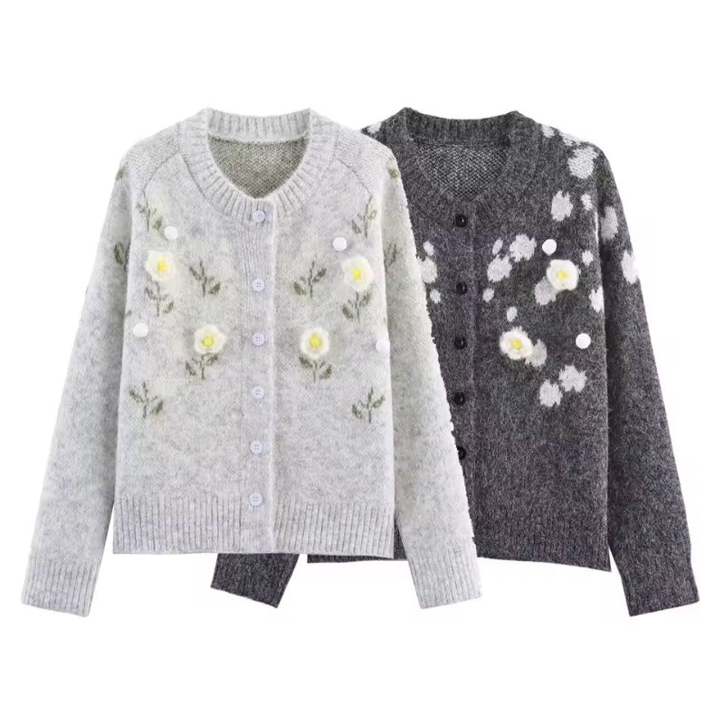 Chic and Charm women’s cardigan Floral Dream – long sleeve button down knit with 3D flower details

