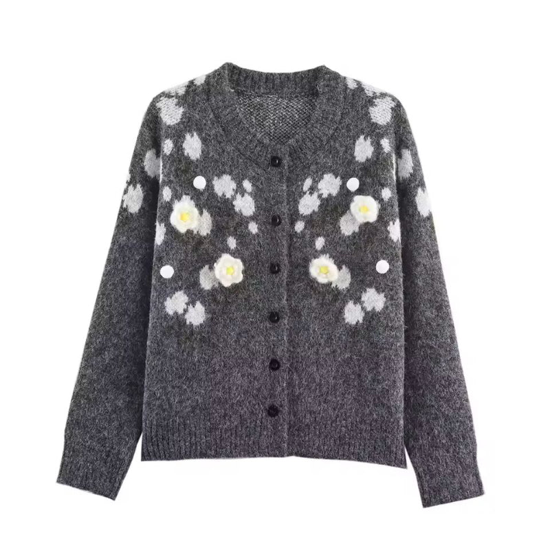 Chic and Charm women’s cardigan Floral Dream – long sleeve button down knit with 3D flower details
