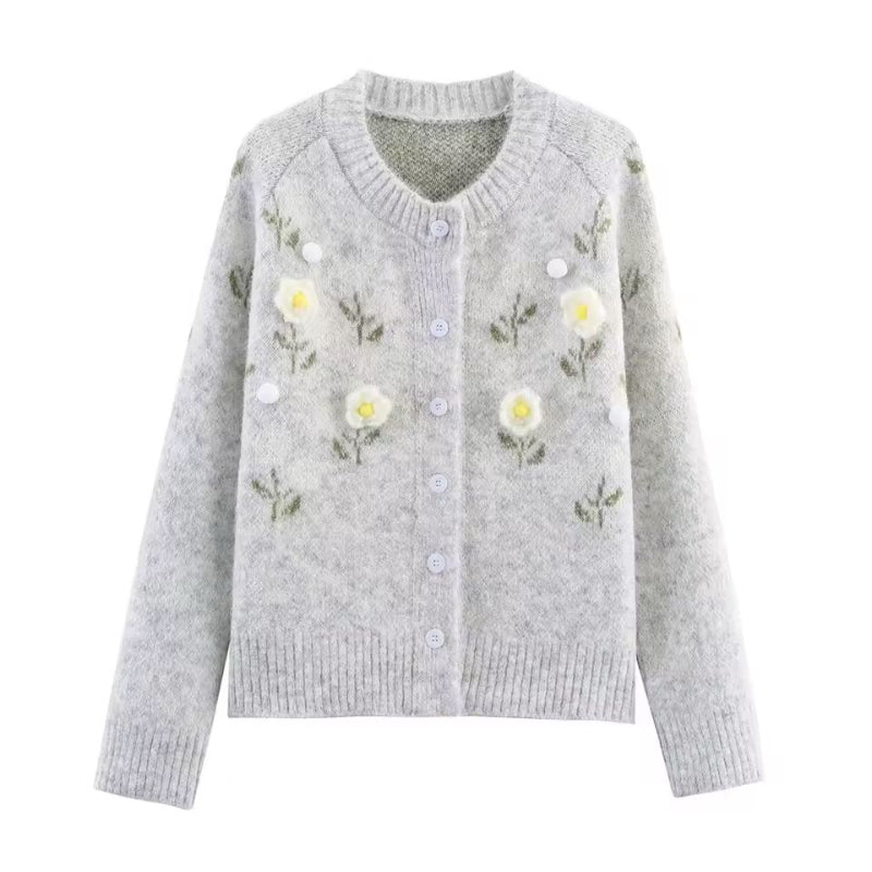 Chic and Charm women’s cardigan Floral Dream – long sleeve button down knit with 3D flower details
