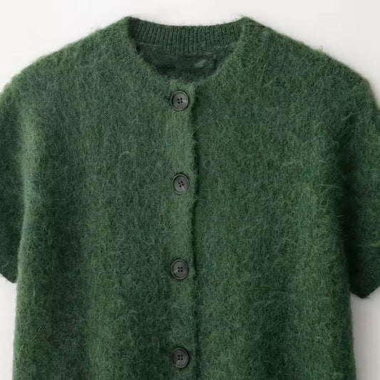 Chic and Charm women’s cardigan Green Whisper – green short sleeve knit button down with crew neck
