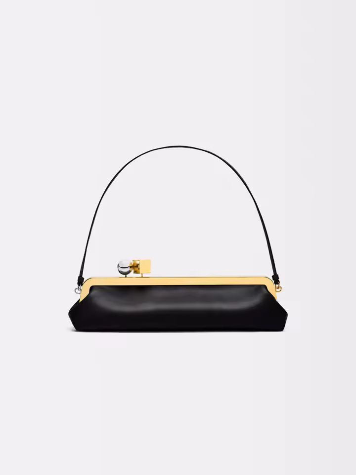 Chic and Charm Classic Baguette Bag Golden Clip – women’s long clutch with detachable strap in black
