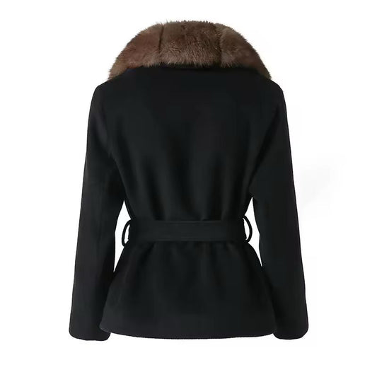 Chic and Charm Women’s Coat Fur Royal – wool blend winter coat with fur collar and belt
