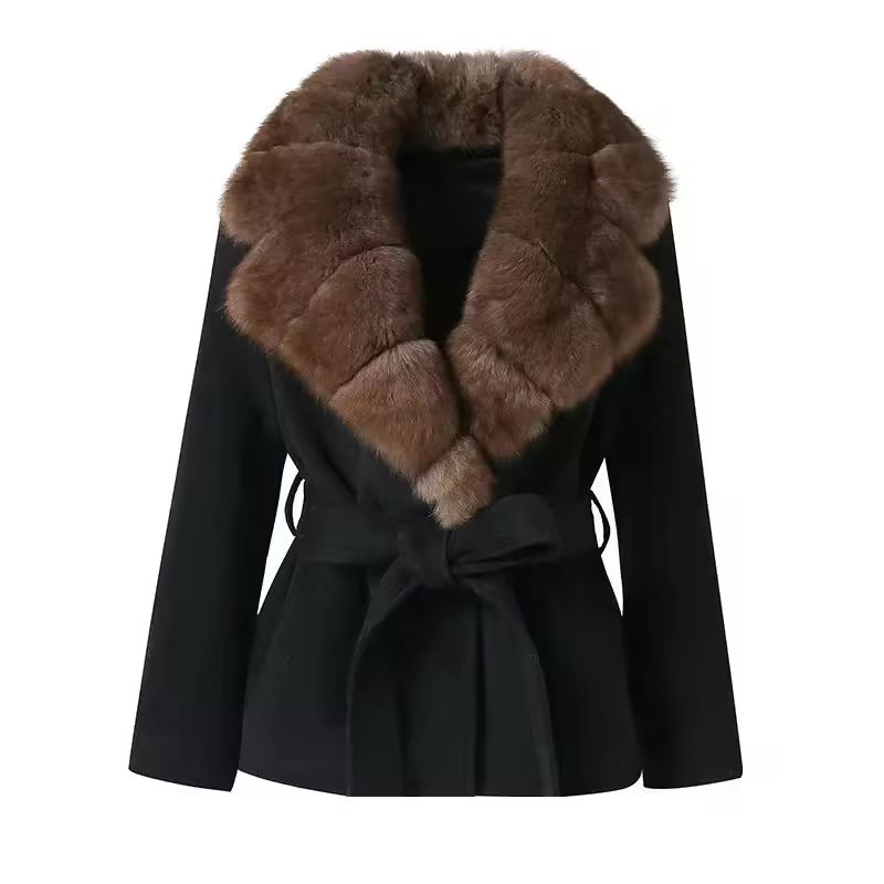 Chic and Charm Women’s Coat Fur Royal – wool blend winter coat with fur collar and belt
