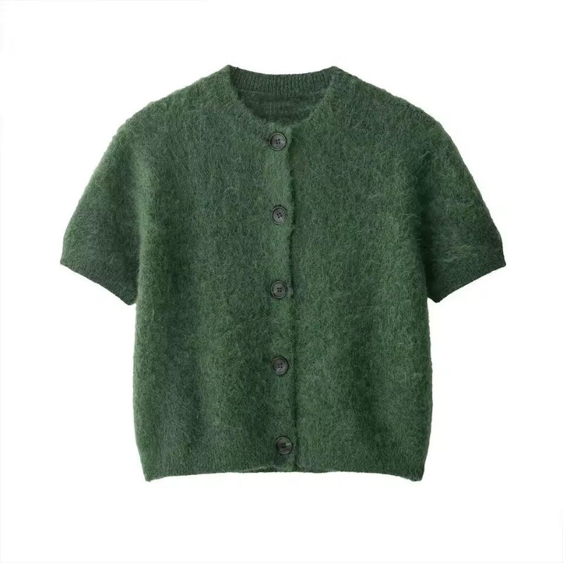 Chic and Charm women’s cardigan Green Whisper – green short sleeve knit button down with crew neck
