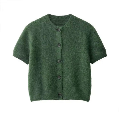 Chic and Charm women’s cardigan Green Whisper – green short sleeve knit button down with crew neck
