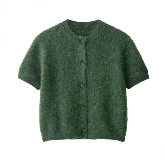 Chic and Charm women’s cardigan Green Whisper – green short sleeve knit button down with crew neck
