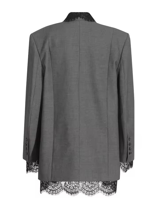 Back view of grey women’s blazer with lace hem and elegant oversized fit
