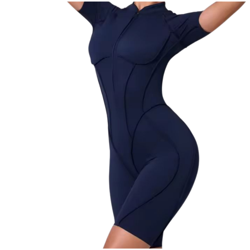 NIKI POWERFORM navy blue one-piece workout jumpsuit – shaping fit with zip front and elegant backless design
