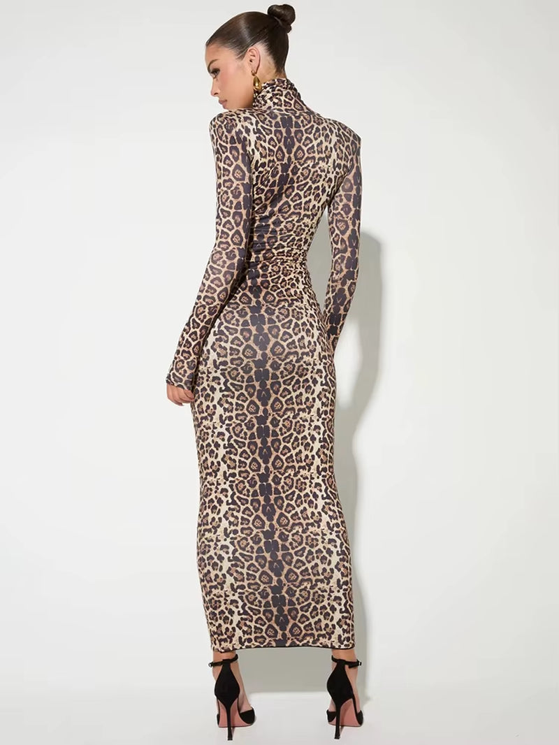 Stylish Leopard Print Maxi Dress with Turtleneck for Women - Isadora Collection