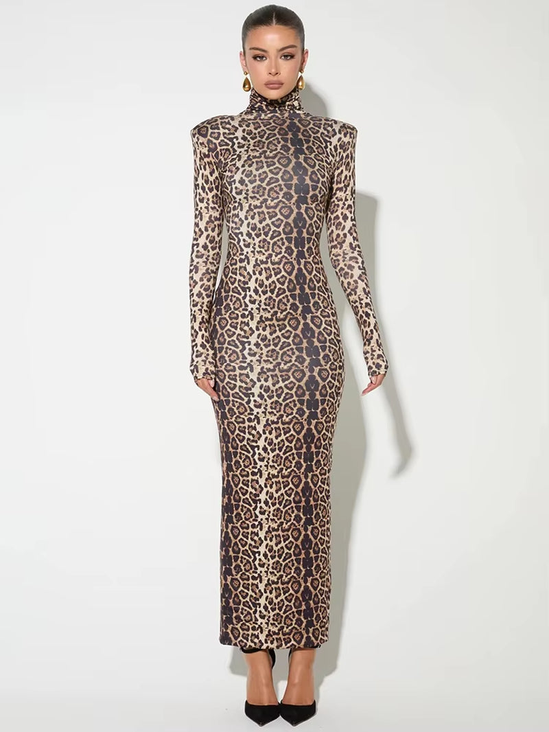 Stylish Leopard Print Maxi Dress with Turtleneck for Women - Isadora Collection