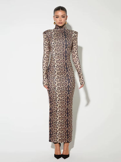 Stylish Leopard Print Maxi Dress with Turtleneck for Women - Isadora Collection