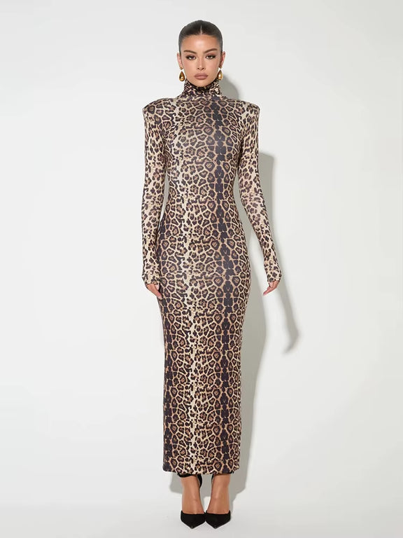 Stylish Leopard Print Maxi Dress with Turtleneck for Women - Isadora Collection