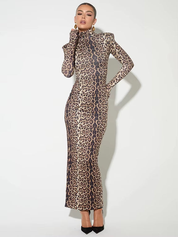 Stylish Leopard Print Maxi Dress with Turtleneck for Women - Isadora Collection