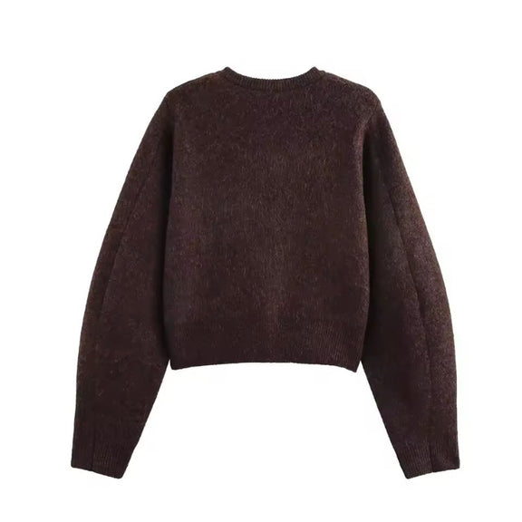 Women’s knitted co-ord 2025 – brown cardigan with gold buttons and above-the-knee skirt, made of 96% polyester, modern O-neckline