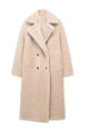 Women's long beige teddy coat – double-breasted faux shearling winter coat with lapel collar and soft lamb fleece texture.
