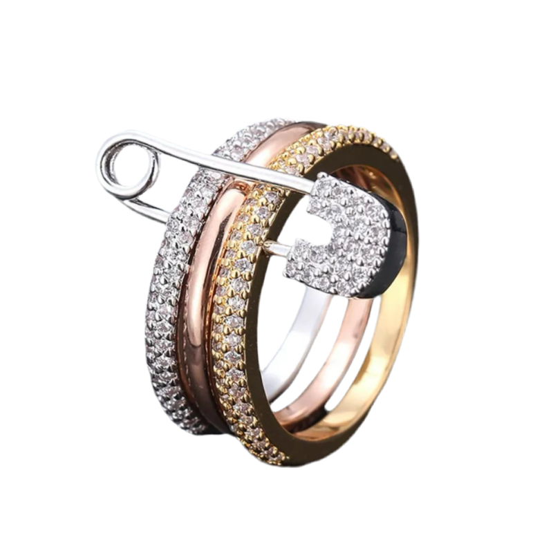 Elegant gold three-band ring featuring sparkling zirconia and a symbolic lock charm.