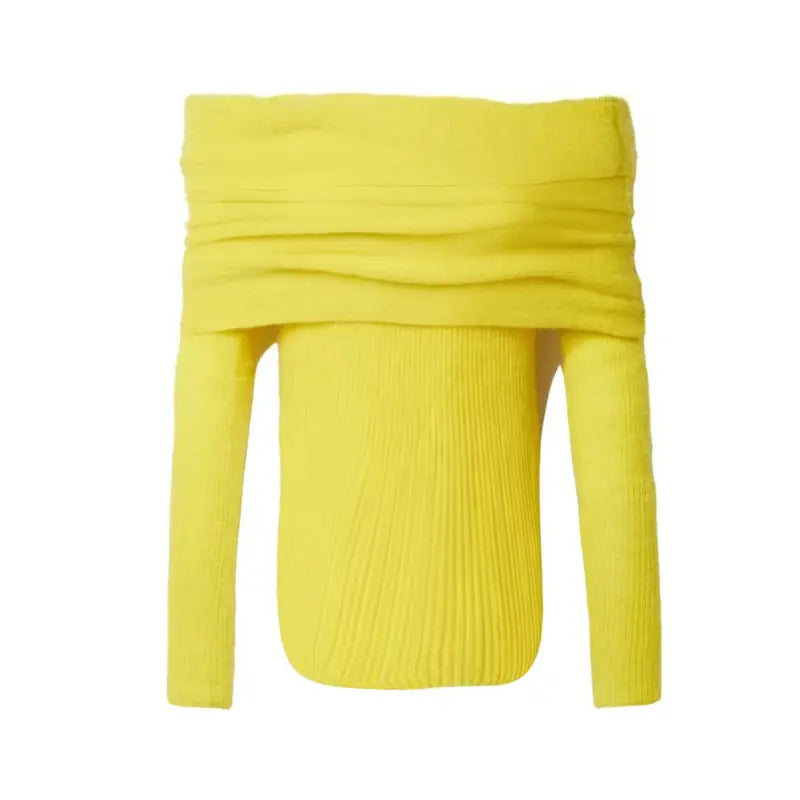 Bright yellow off-shoulder cotton sweater for women, soft and breathable, perfect for spring fashion with a feminine and playful design.