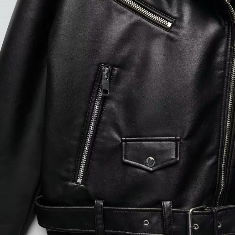 Zafora™️ Women’s Faux Leather Jacket – Tailored, belted jacket with lapel collar, perfect for business chic, streetwear, and casual outfits.