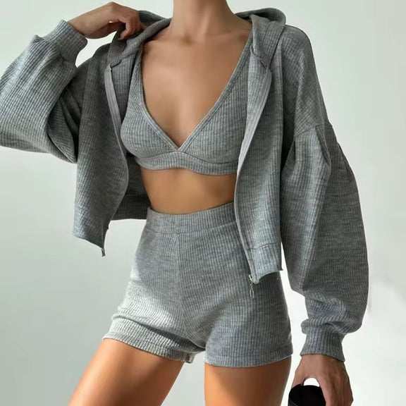 Zen Lounge Set – 3-piece women’s matching outfit with ribbed cotton spandex, V-cut top, shorts and hooded zip jacket.
