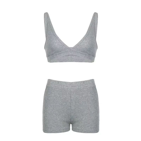 Zen Lounge Set – high-waist ribbed shorts in breathable cotton spandex, comfortable for lounging and workouts.
