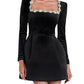 Velvet Square Collar Beading Long Sleeve Dress Women High Waist Slim A-Line Party Dresses Lady.