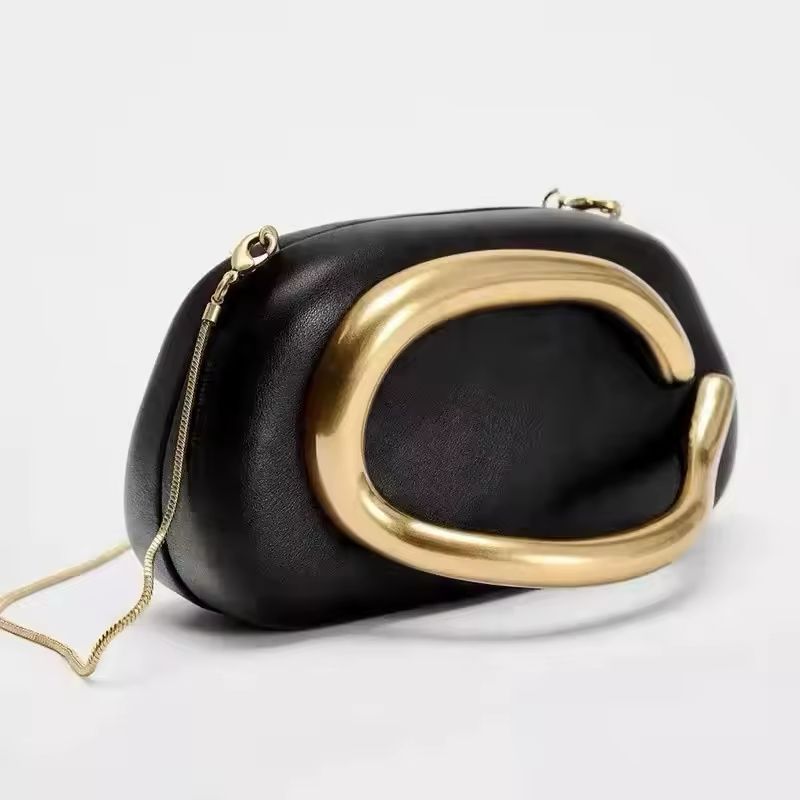 Luxurious women’s handbag in brown PU leather with elegant gold metal details and chain strap – perfect for evening wear, parties, weddings, or upscale everyday fashion.