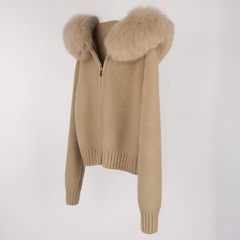 Women’s luxury winter knit jacket with real Mongolian fox fur collar, heavy-knit fabric, hood and zipper – ST. MORITZ FUR edition in multiple colors