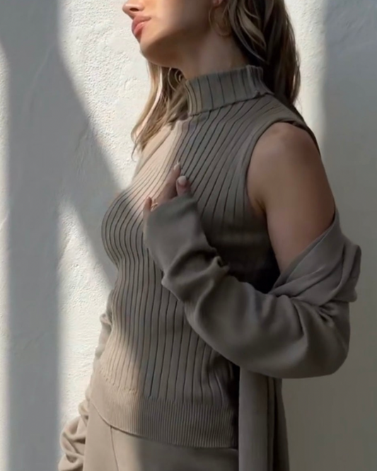 Stylish 3-piece outfit featuring a high-collar cardigan, comfortable V-neck shirt, and flattering high-waisted pants.